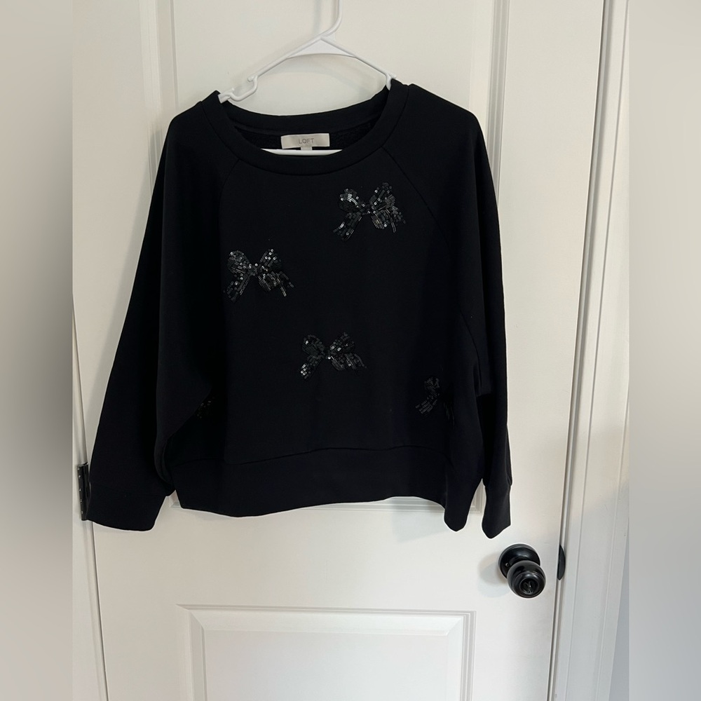 LOFT Black Crew Neck Sweater with Bow Accents